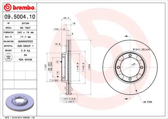 Brembo 09.5004.10 - Гальмівний диск autozip.com.ua