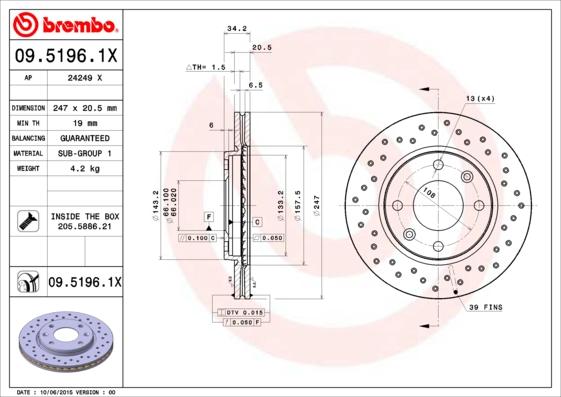 Brembo 09.5196.1X - Гальмівний диск autozip.com.ua