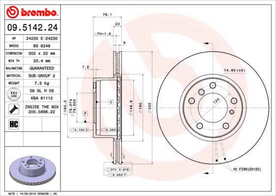 Brembo 09.5142.24 - Гальмівний диск autozip.com.ua