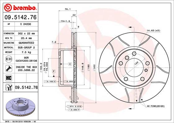 Brembo 09.5142.76 - Гальмівний диск autozip.com.ua