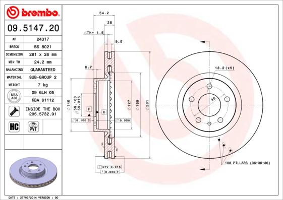 Brembo 09.5147.20 - Гальмівний диск autozip.com.ua