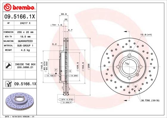 Brembo 09.5166.1X - Гальмівний диск autozip.com.ua