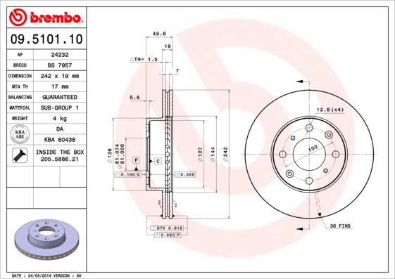 Brembo 09.5101.10 - Гальмівний диск autozip.com.ua