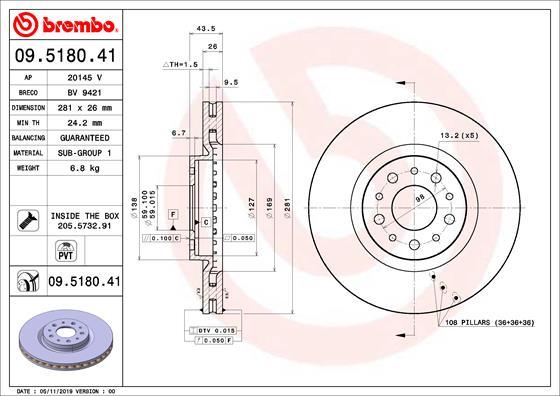 Brembo 09.5180.41 - Гальмівний диск autozip.com.ua