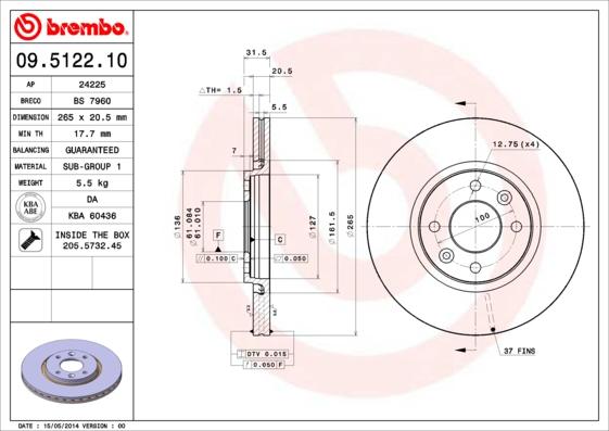 Brembo 09.5122.10 - Гальмівний диск autozip.com.ua