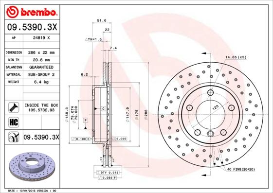 Brembo 09.5390.3X - Гальмівний диск autozip.com.ua