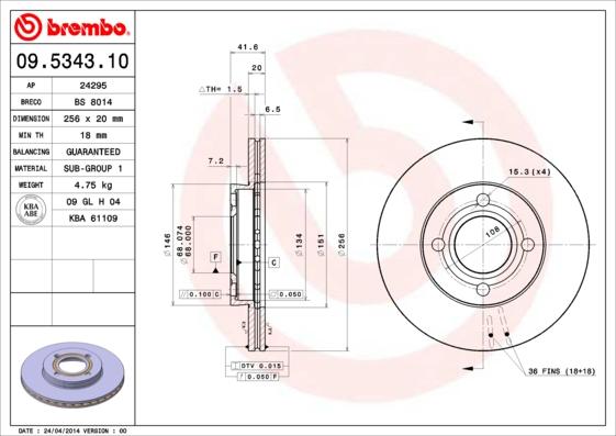 Brembo 09.5343.10 - Гальмівний диск autozip.com.ua