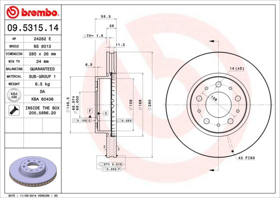 Brembo 09.5315.14 - Гальмівний диск autozip.com.ua