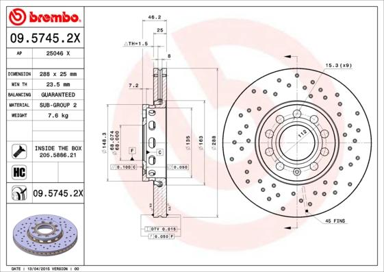 Brembo 09.5745.2X - Гальмівний диск autozip.com.ua