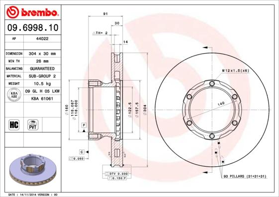 Brembo 09.6998.10 - Гальмівний диск autozip.com.ua