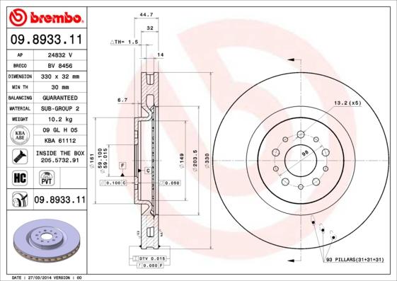 Brembo 09.8933.11 - Гальмівний диск autozip.com.ua