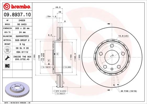 Brembo 09.8937.10 - Гальмівний диск autozip.com.ua