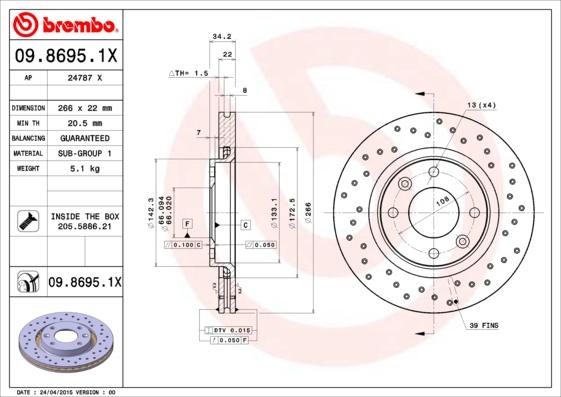 Brembo 09.8695.1X - Гальмівний диск autozip.com.ua