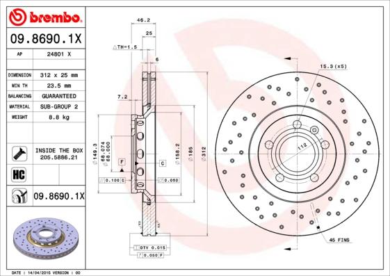 Brembo 09.8690.1X - Гальмівний диск autozip.com.ua