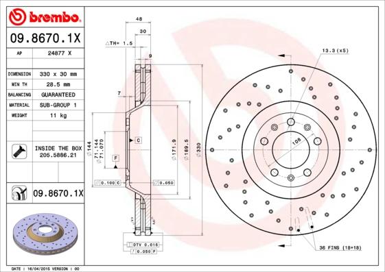 Brembo 09.8670.1X - Гальмівний диск autozip.com.ua