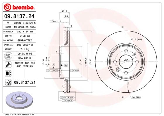 Brembo 09.8137.21 - Гальмівний диск autozip.com.ua