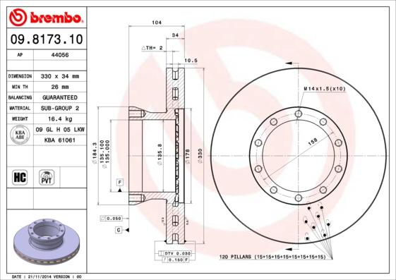 Brembo 09.8173.10 - Гальмівний диск autozip.com.ua