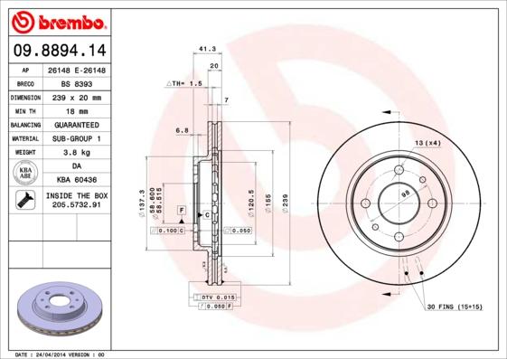 Brembo 09.8894.14 - Гальмівний диск autozip.com.ua