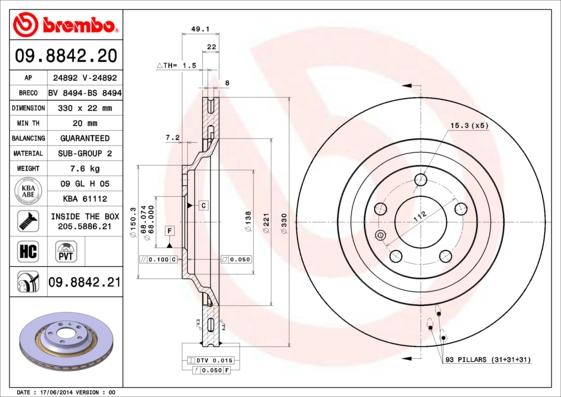 Brembo 09.8842.21 - Гальмівний диск autozip.com.ua