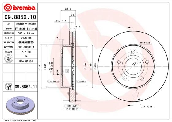 Brembo 09.8852.10 - Гальмівний диск autozip.com.ua