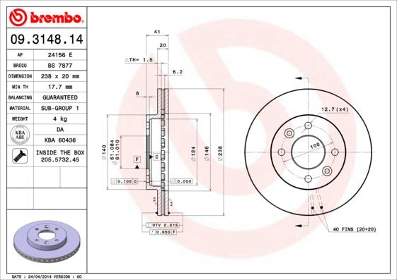 Brembo 09.3148.14 - Гальмівний диск autozip.com.ua