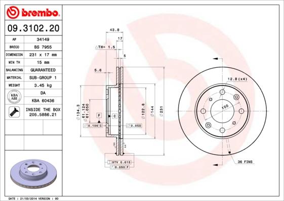 Brembo 09.3102.20 - Гальмівний диск autozip.com.ua