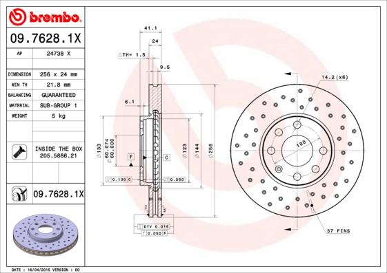 Brembo 09.7628.1X - Гальмівний диск autozip.com.ua