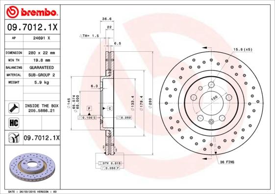 Brembo 09.7012.1X - Гальмівний диск autozip.com.ua