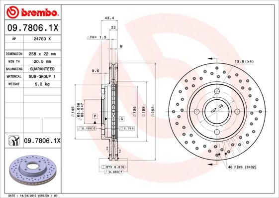 Brembo 09.7806.1X - Гальмівний диск autozip.com.ua