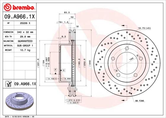 Brembo 09.A966.1X - Гальмівний диск autozip.com.ua