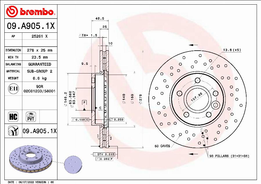 Brembo 09.A905.1X - Гальмівний диск autozip.com.ua