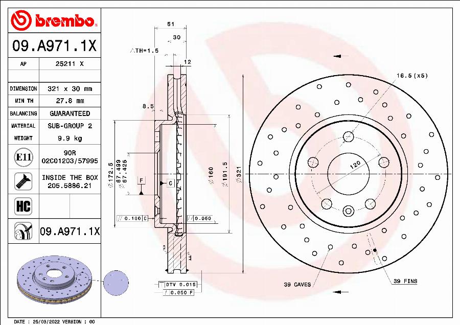 Brembo 09.A971.1X - Гальмівний диск autozip.com.ua