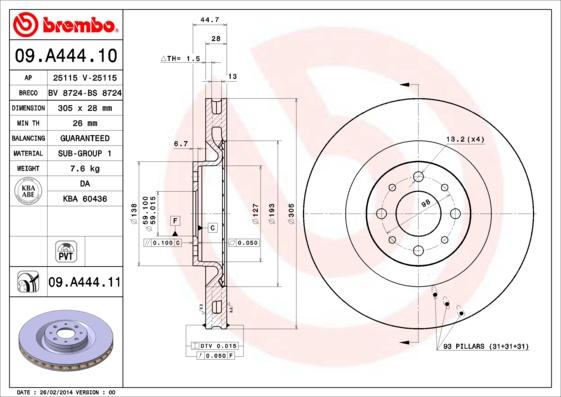 Brembo 09.A444.10 - Гальмівний диск autozip.com.ua