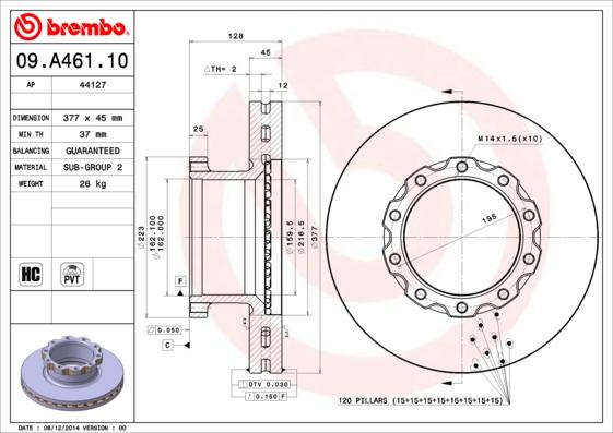 Brembo 09.A461.10 - Гальмівний диск autozip.com.ua