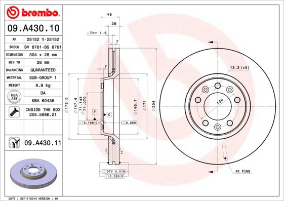 Brembo 09.A430.11 - Гальмівний диск autozip.com.ua