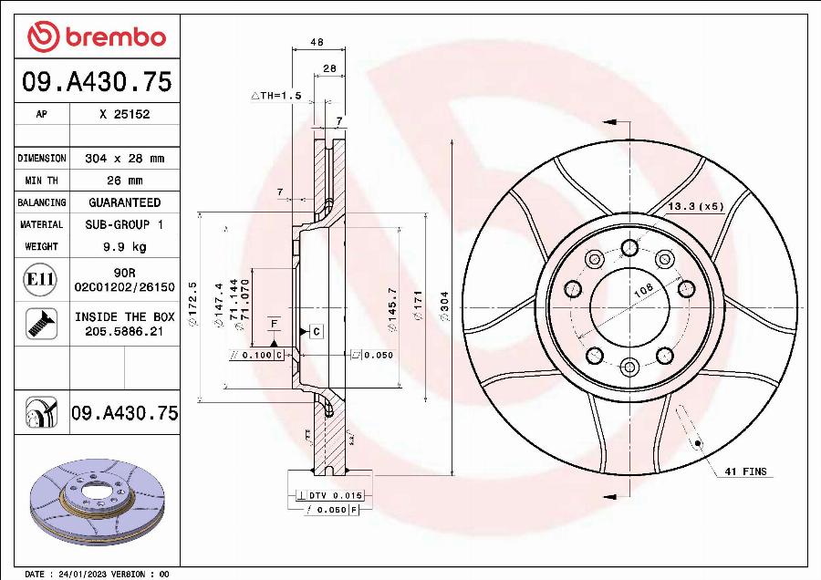 Brembo 09.A430.75 - Гальмівний диск autozip.com.ua