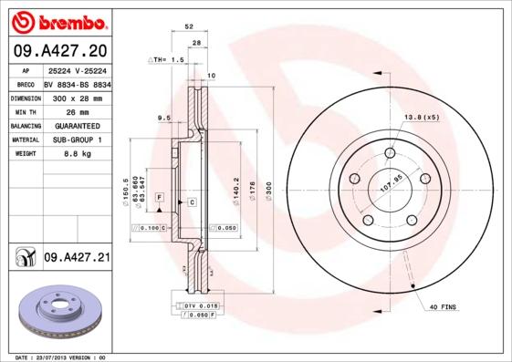 Brembo 09.A427.20 - Гальмівний диск autozip.com.ua