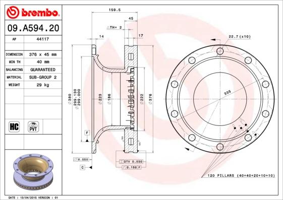 Brembo 09.A594.20 - Гальмівний диск autozip.com.ua