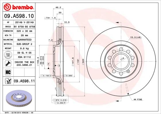 Brembo 09.A598.10 - Гальмівний диск autozip.com.ua