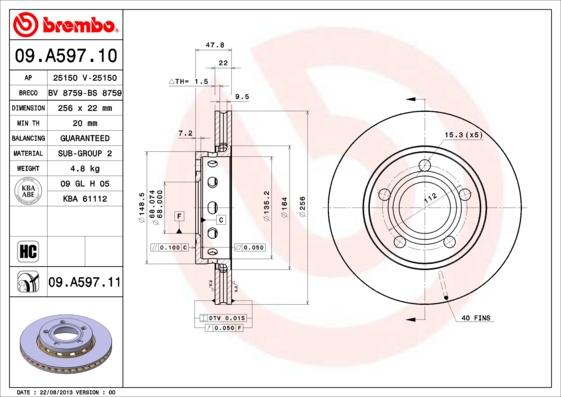 Brembo 09.A597.11 - Гальмівний диск autozip.com.ua