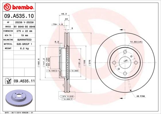 Brembo 09.A535.11 - Гальмівний диск autozip.com.ua
