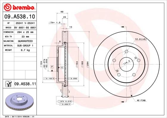 Brembo 09.A538.10 - Гальмівний диск autozip.com.ua