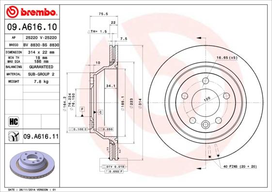 Brembo 09.A616.11 - Гальмівний диск autozip.com.ua