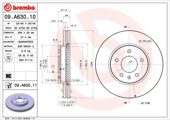 Brembo 09.A630.11 - Гальмівний диск autozip.com.ua