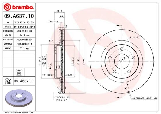 Brembo 09.A637.10 - Гальмівний диск autozip.com.ua