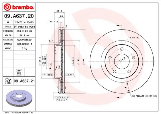 Brembo 09.A637.20 - Гальмівний диск autozip.com.ua