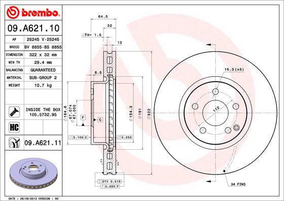 Brembo 09.A621.10 - Гальмівний диск autozip.com.ua