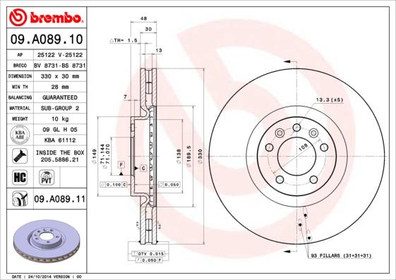 Brembo 09.A089.10 - Гальмівний диск autozip.com.ua