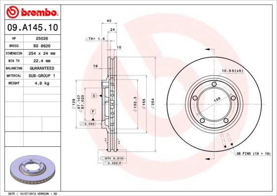 Brembo 09.A145.10 - Гальмівний диск autozip.com.ua