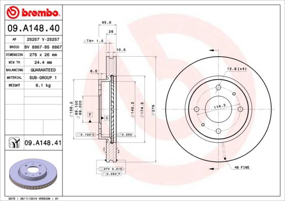 Brembo 09.A148.41 - Гальмівний диск autozip.com.ua